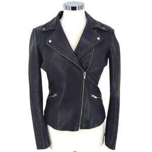 Veda Lamb Leather Moto Jacket Silver Zipper Details Dark Blue Size Medium